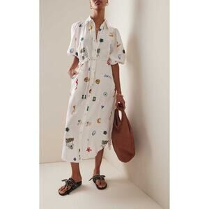 Beulah Style Soleil Embroidered Short Sleeves Button Front Shirt Dress Size L